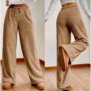 NWT Gorgeous L Cozy Fluffy Sherpa lk Tan Wide Leg Elastic Drawstring Teddy Pants